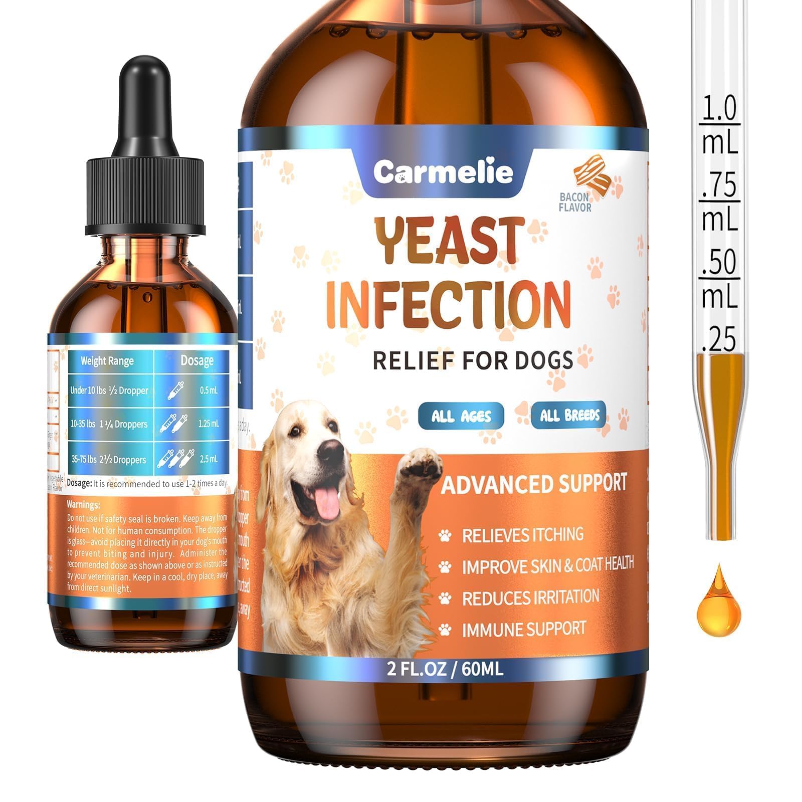 Carmelie natural yeast relief for dogs bottle—easy daily supplement for itching comfort