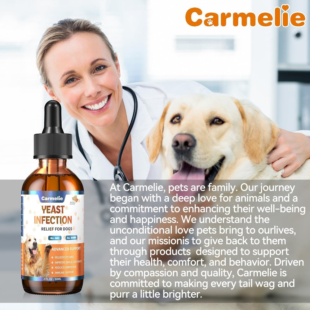 Carmelie natural yeast relief for dogs bottle and label—trustworthy everyday care
