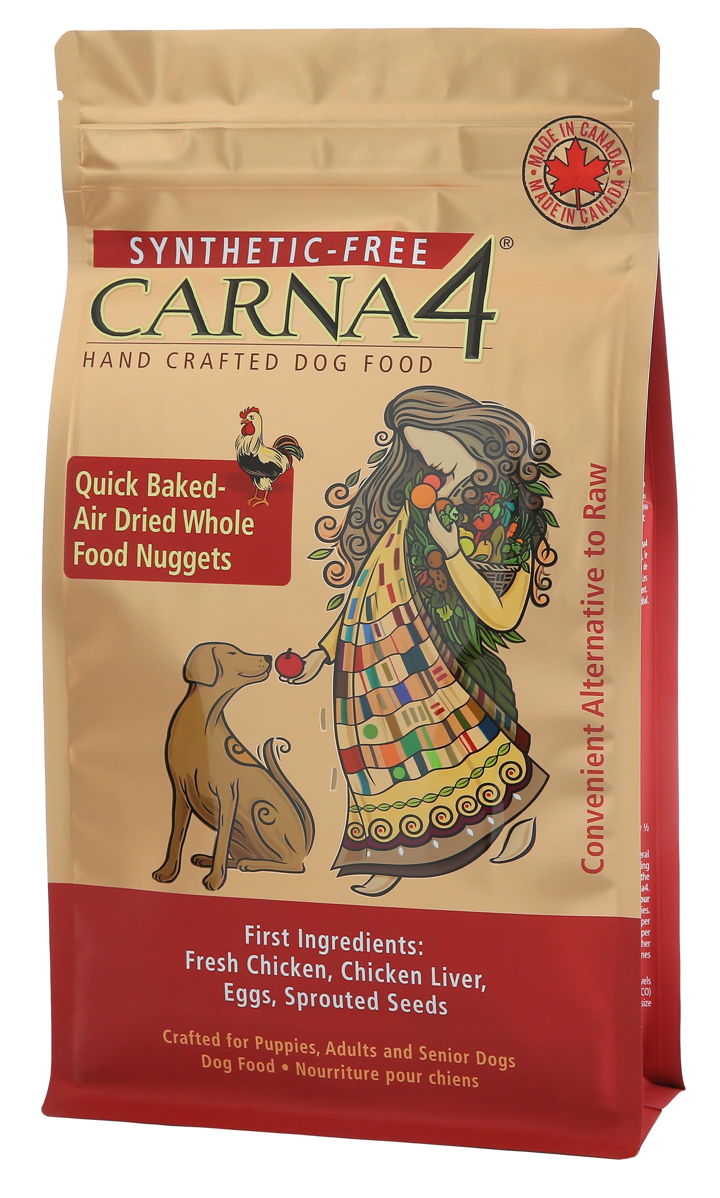CARNA4 packaging emphasizes Canada and USA sourcing with a synthetic-free promise.