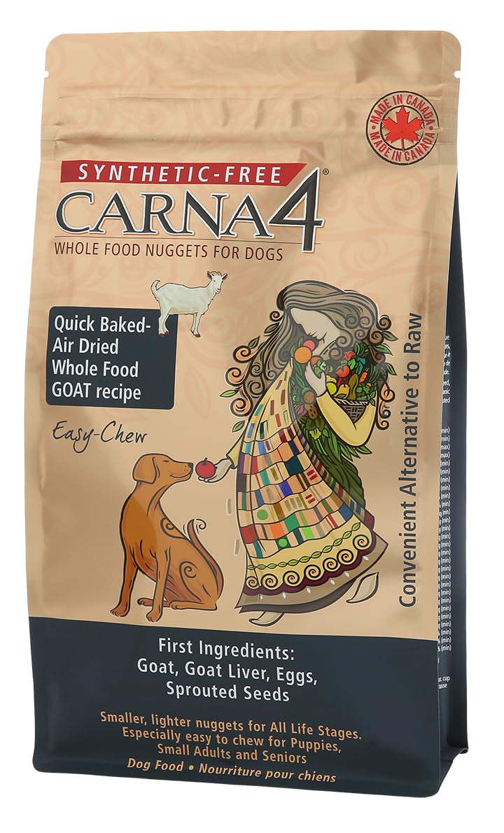 CARNA4 Easy-Chew Goat dog food bag with soft nuggets for sensitive mouths.