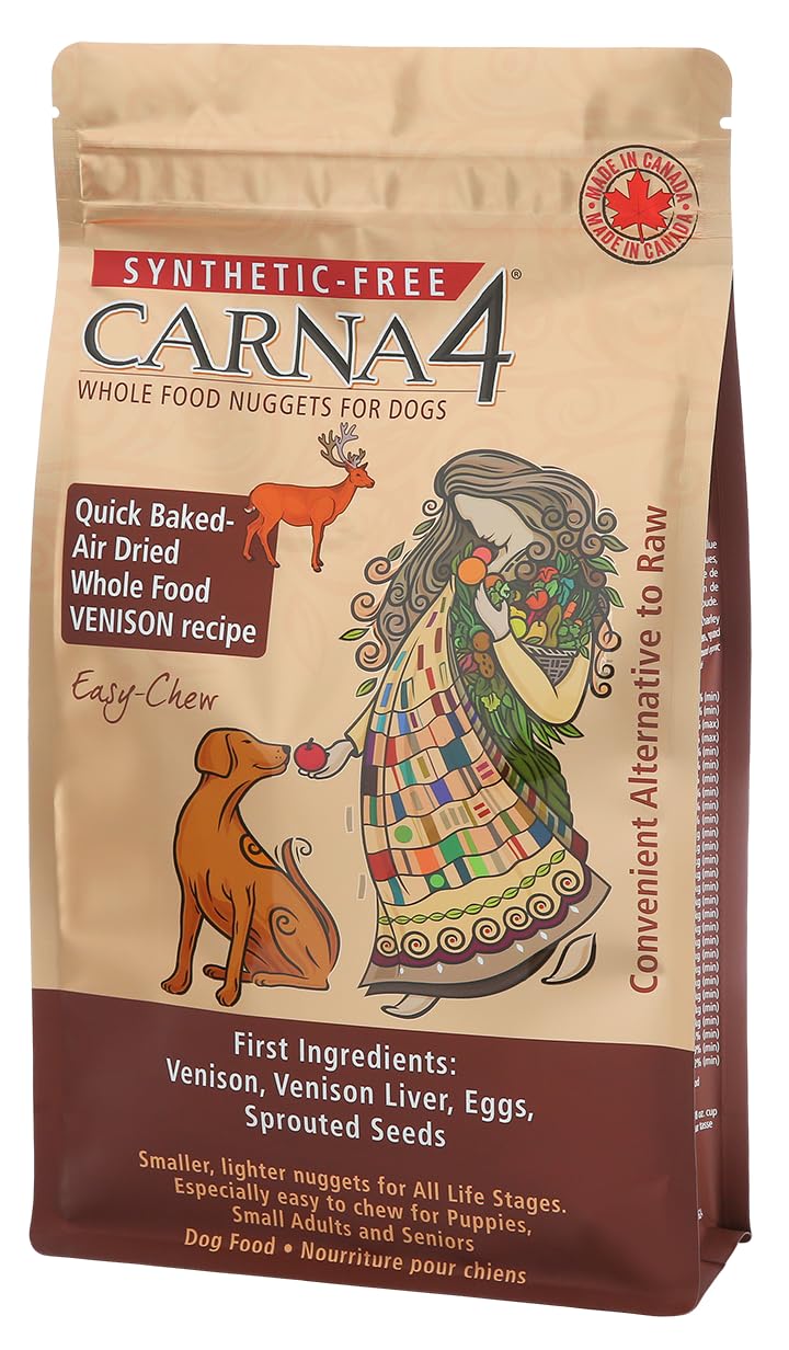 CARNA4 Easy-Chew Venison dog food in a bowl supports digestion and skin health.