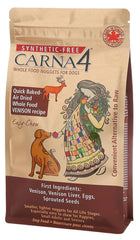 CARNA4 Easy-Chew Venison dog food in a bowl supports digestion and skin health.
