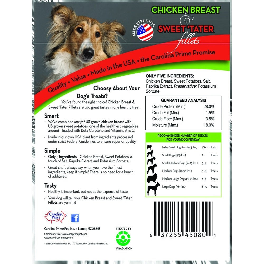 Carolina Prime Pet Chicken Breast and Sweet Tater Fillets raw slices show natural jerky texture ideal for training.
