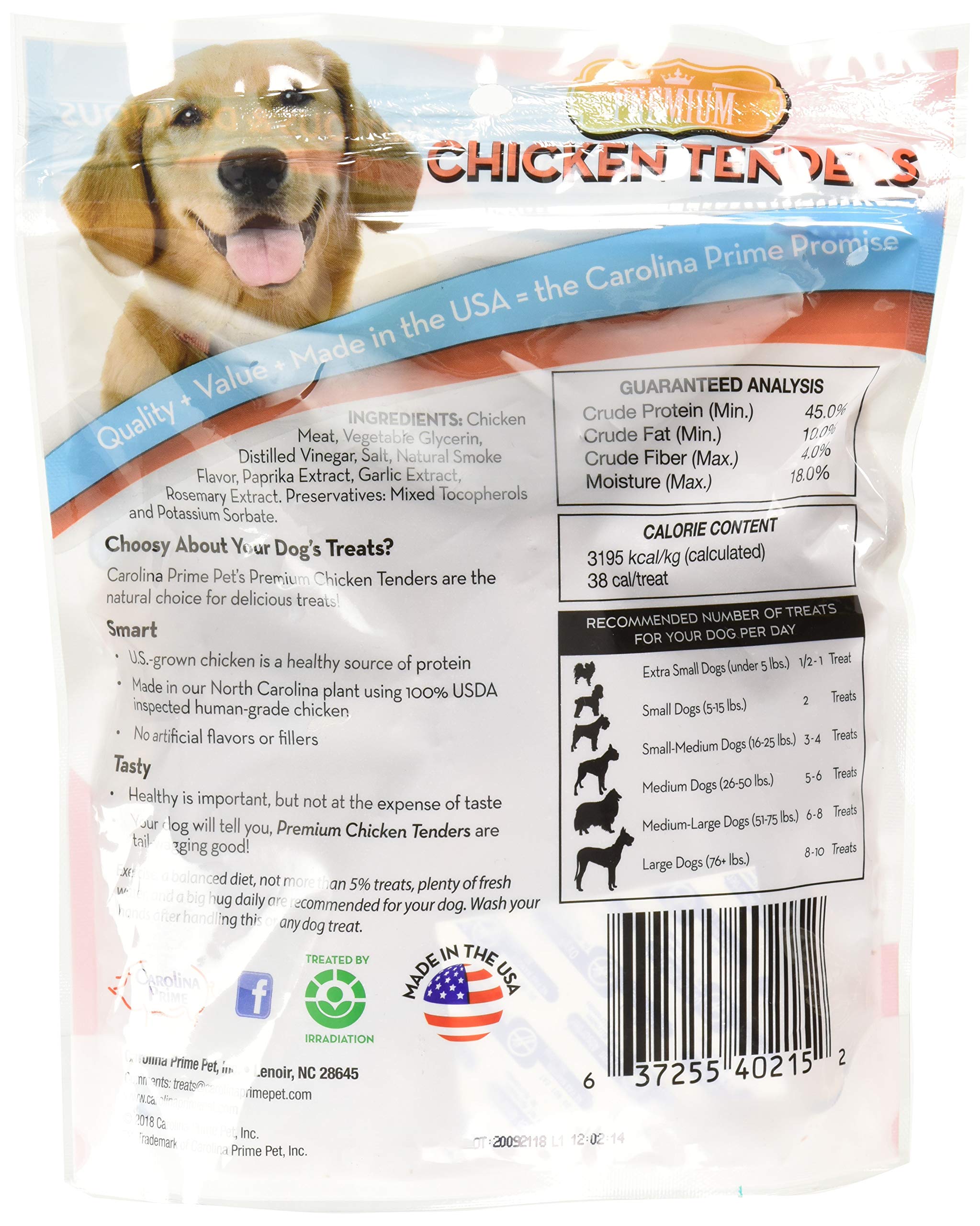 Carolina Prime Pet chicken tenders bag closeup emphasizes freshness and quality.