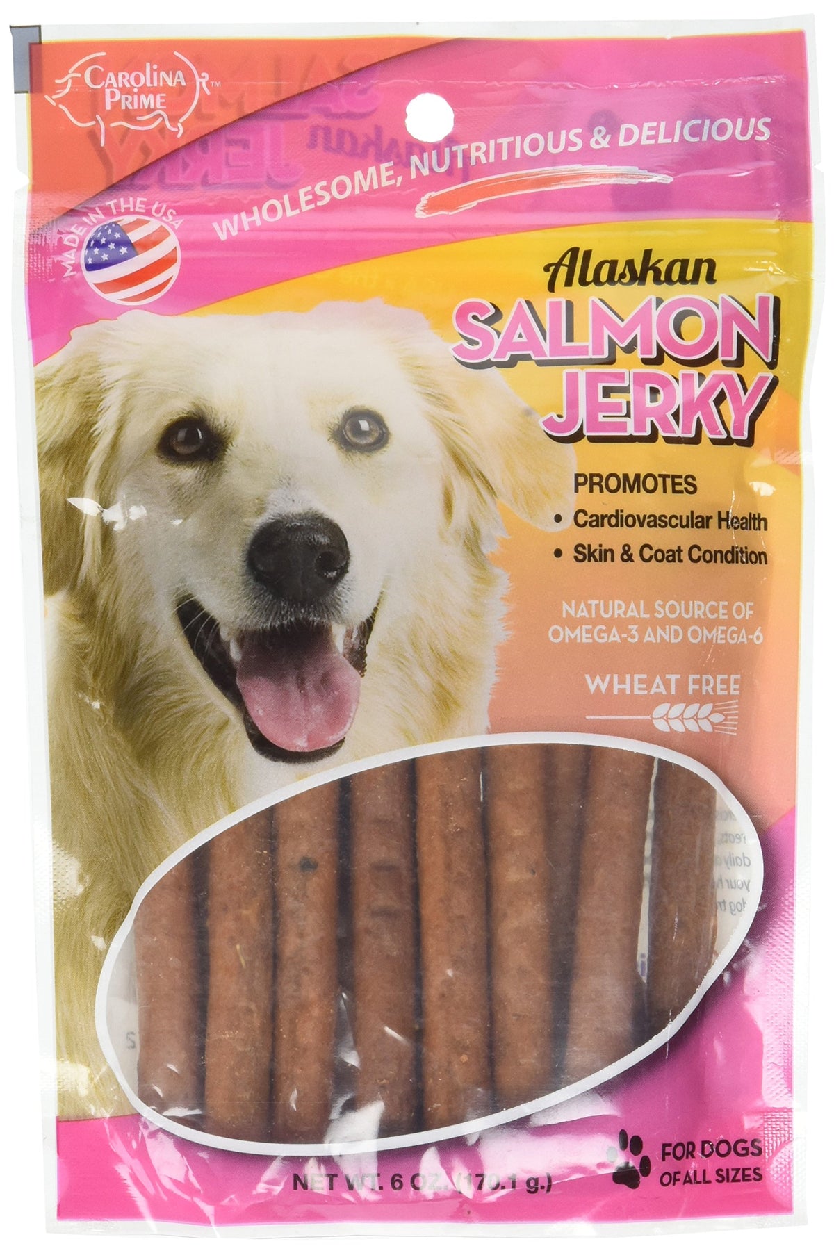 Carolina Prime Pet salmon jerky 6oz bag shows omega-rich dog treat.