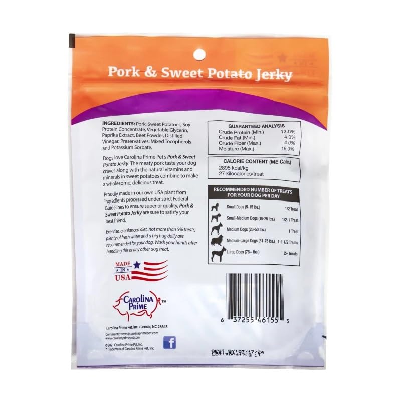 Carolina Prime Pork & Sweet Potato Jerky closeup: real ingredients for a flavorful, grain-free dog treat.