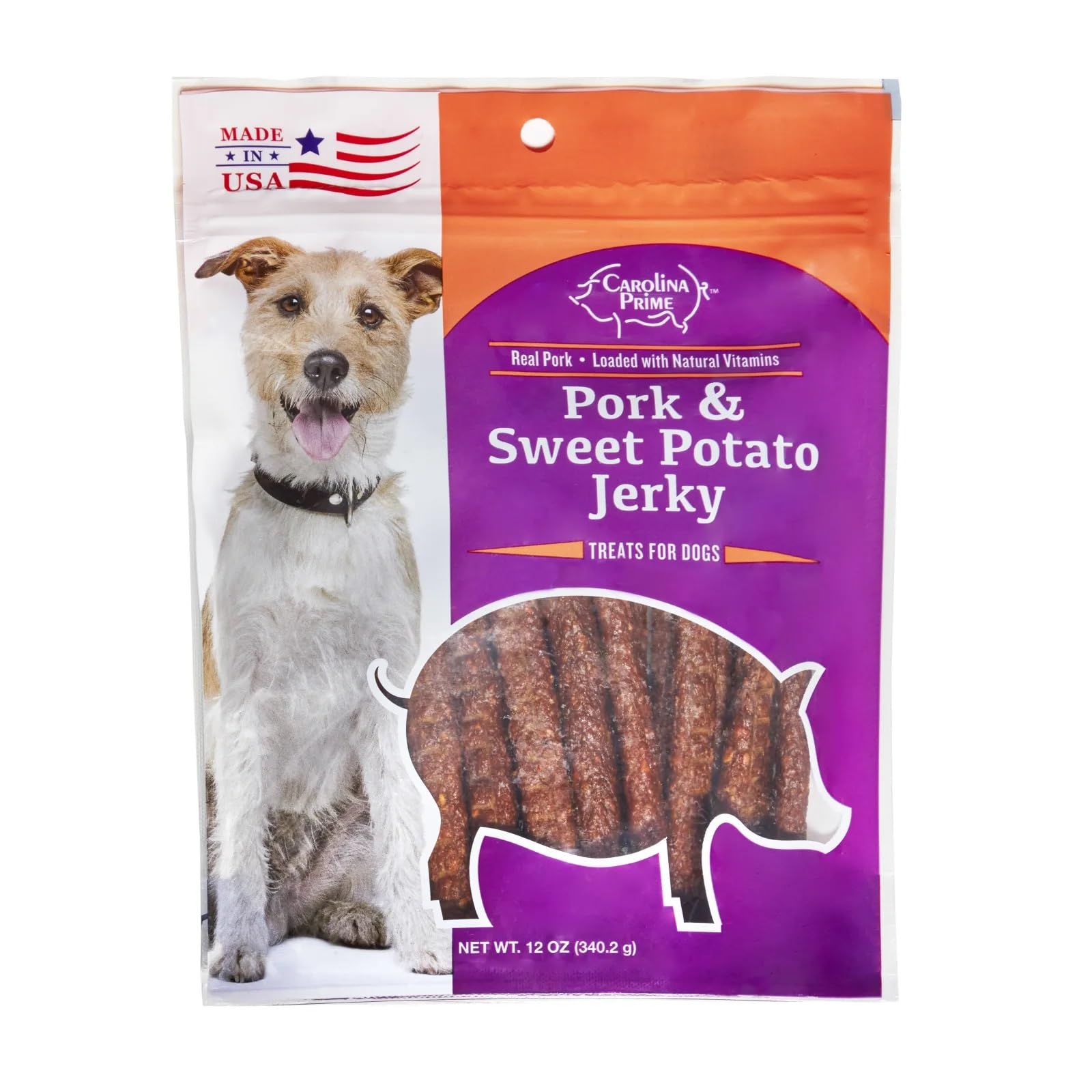 Carolina Prime Pork & Sweet Potato Jerky pack-shot highlighting real pork and sweet potatoes for tasty training rewards.