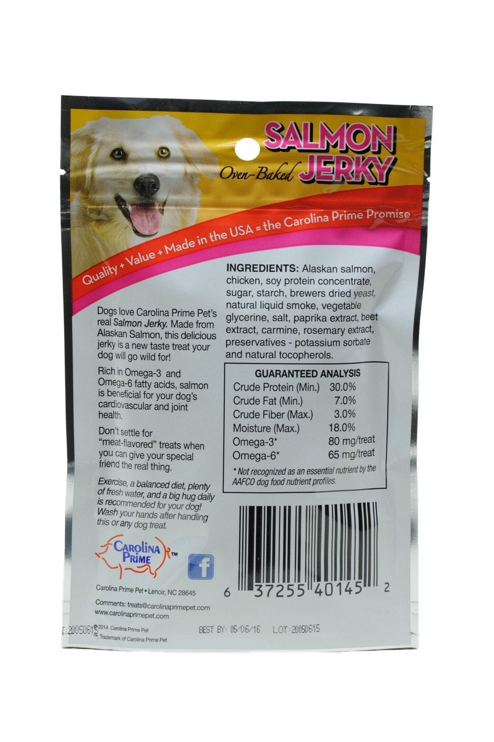 Carolina Prime Salmon Jerky close-up highlighting wheat-free, USA-made dog treats.