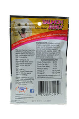 Carolina Prime Salmon Jerky close-up highlighting wheat-free, USA-made dog treats.