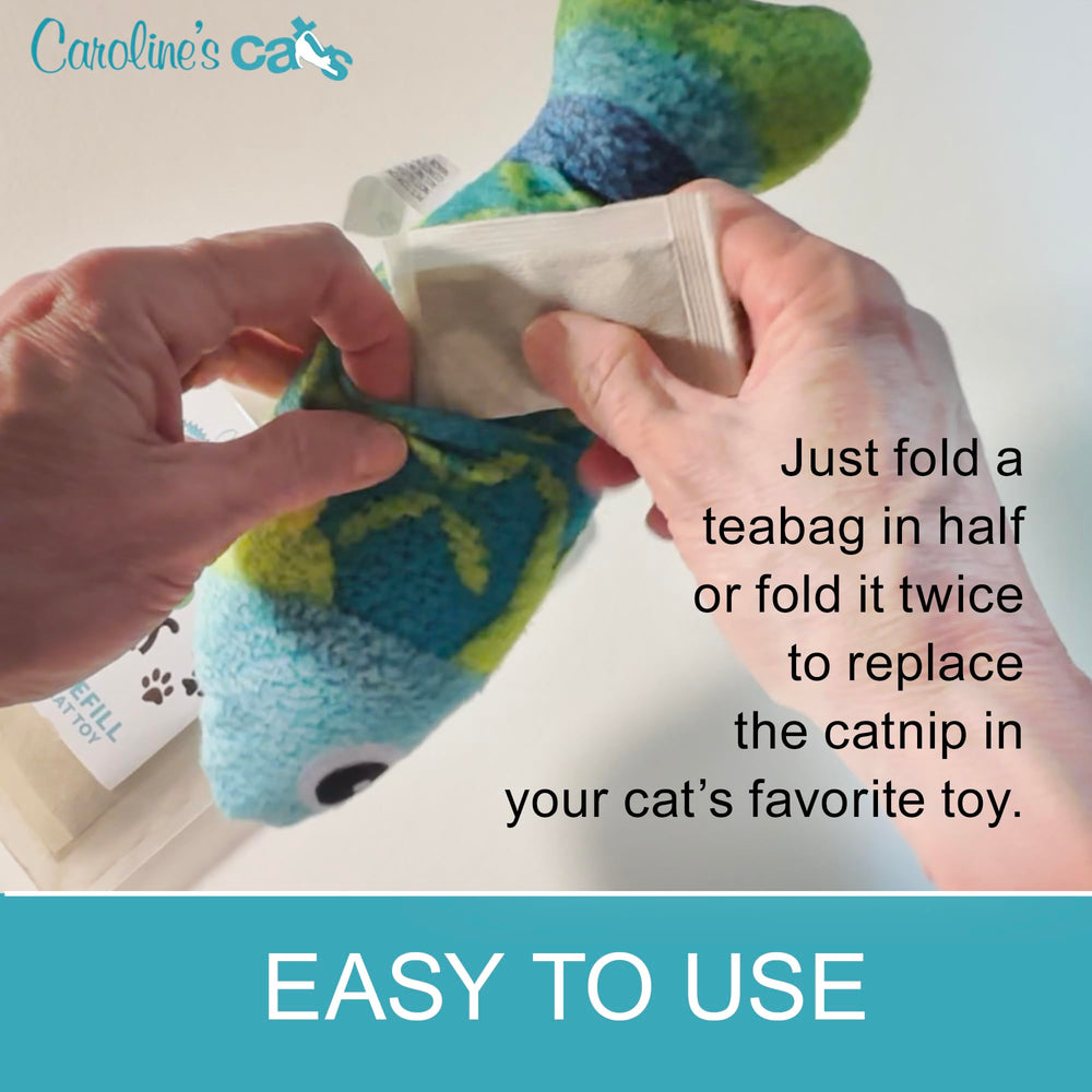 Caroline's Cats catnip tea bags refill pack ready for quick toy restocks