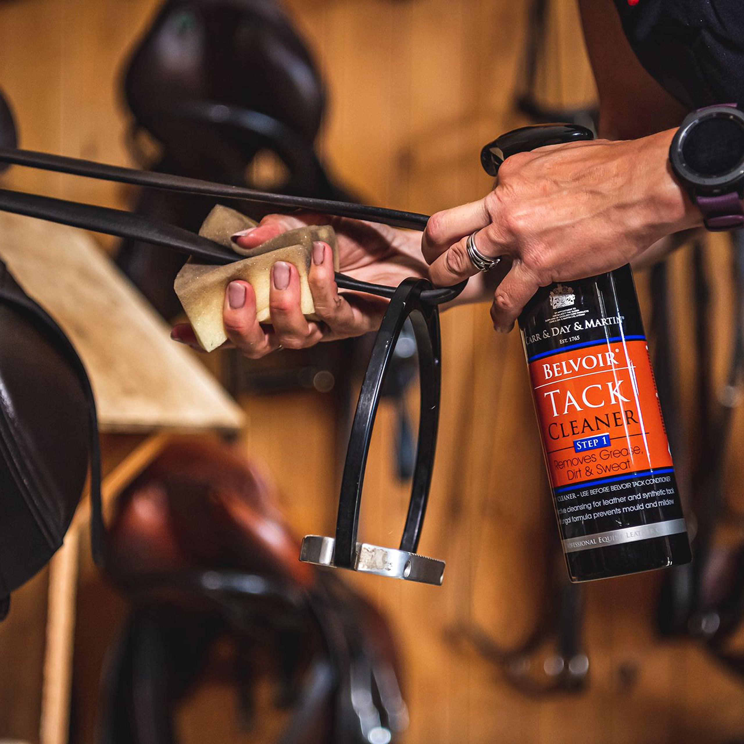 pH-neutral Belvoir Tack Cleaner protects stitching while cleaning horse tack