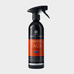 Belvoir Tack Cleaner spray application on leather surface for quick cleaning