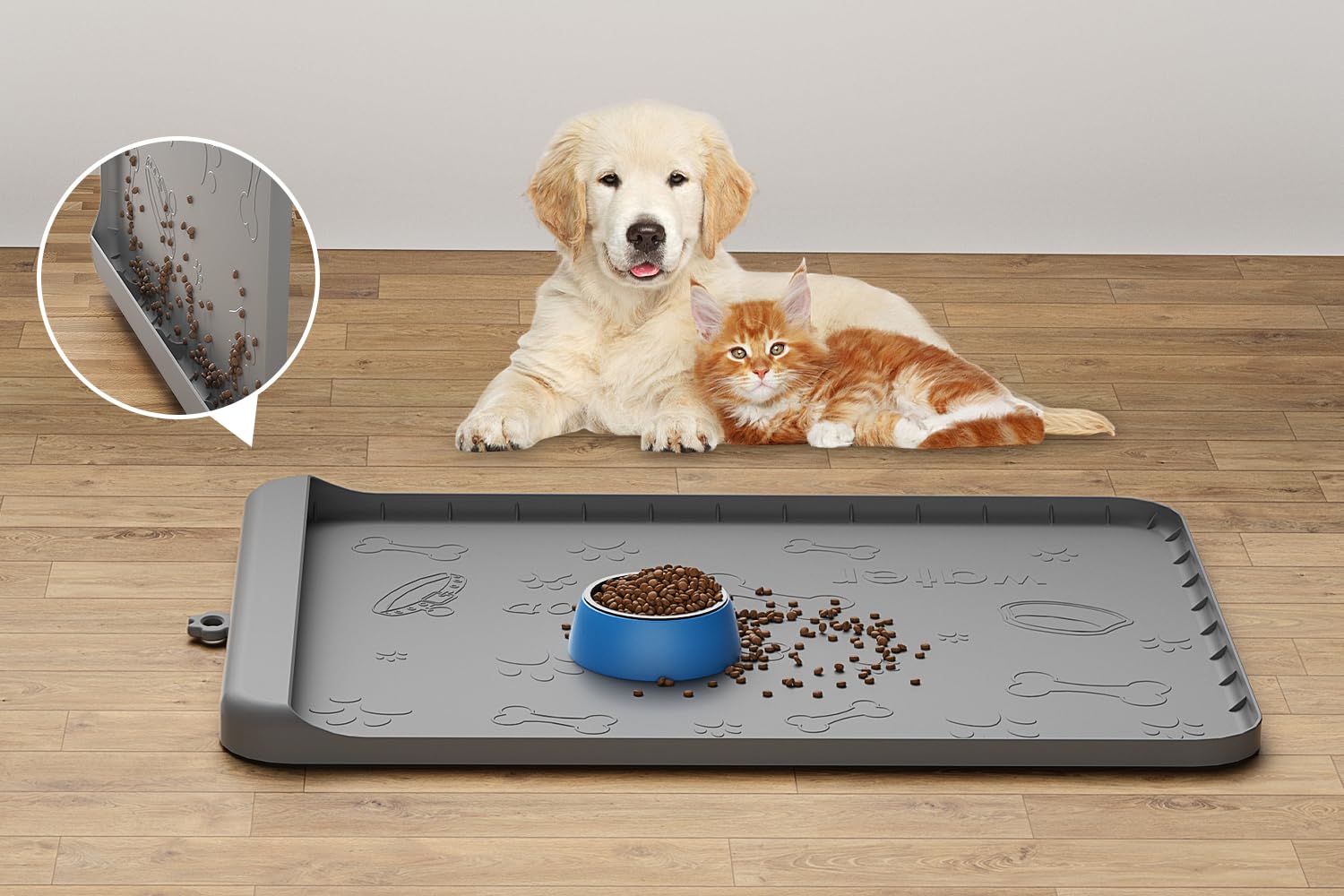 Carry360 dog food mat 28x20 wide shot for clean, mess-free feeding.