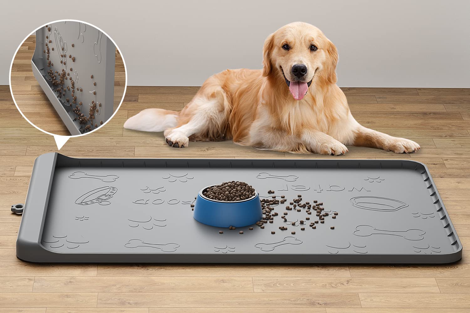 Carry360 silicone dog mat in gray shows foldable design for easy cleaning after meals