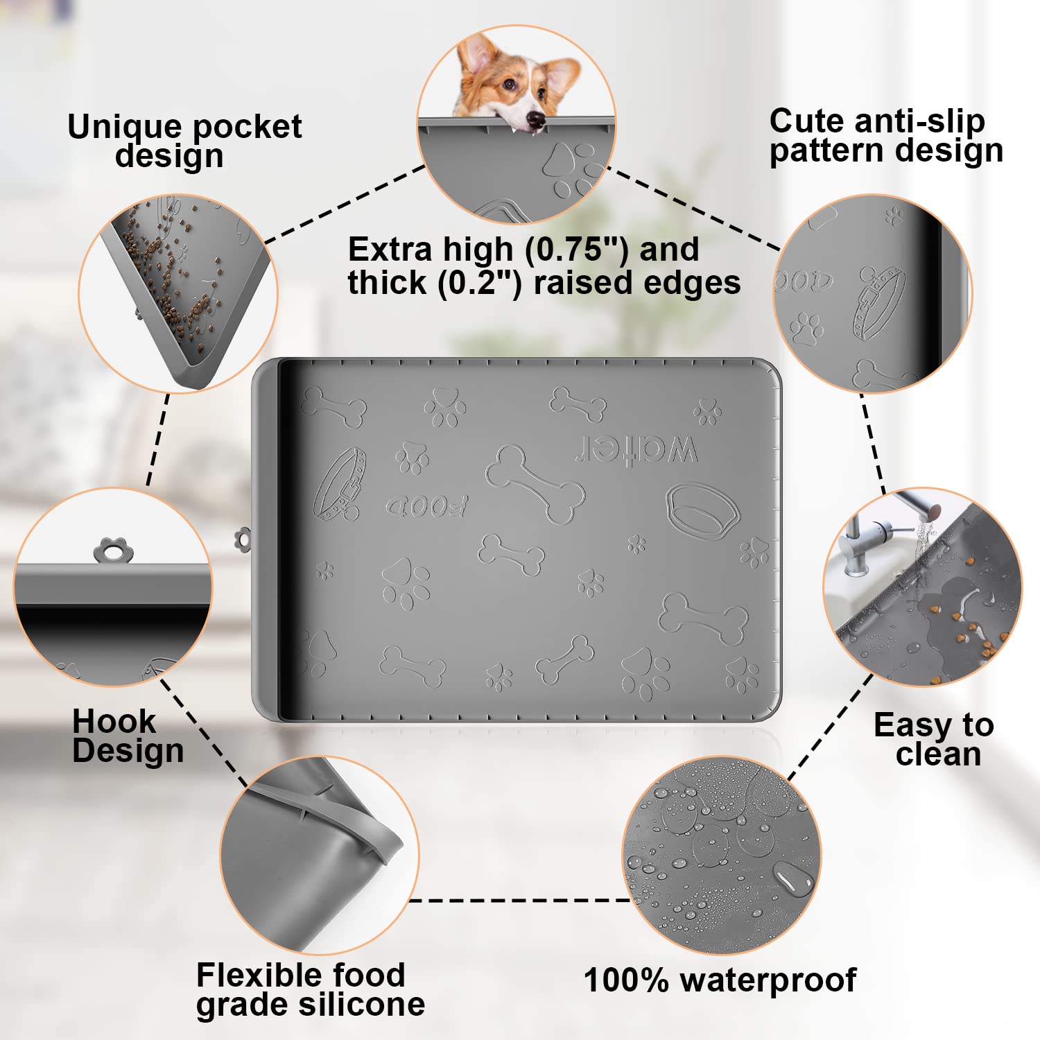 Carry360 dog food mat waterproof material prevents floor mess.