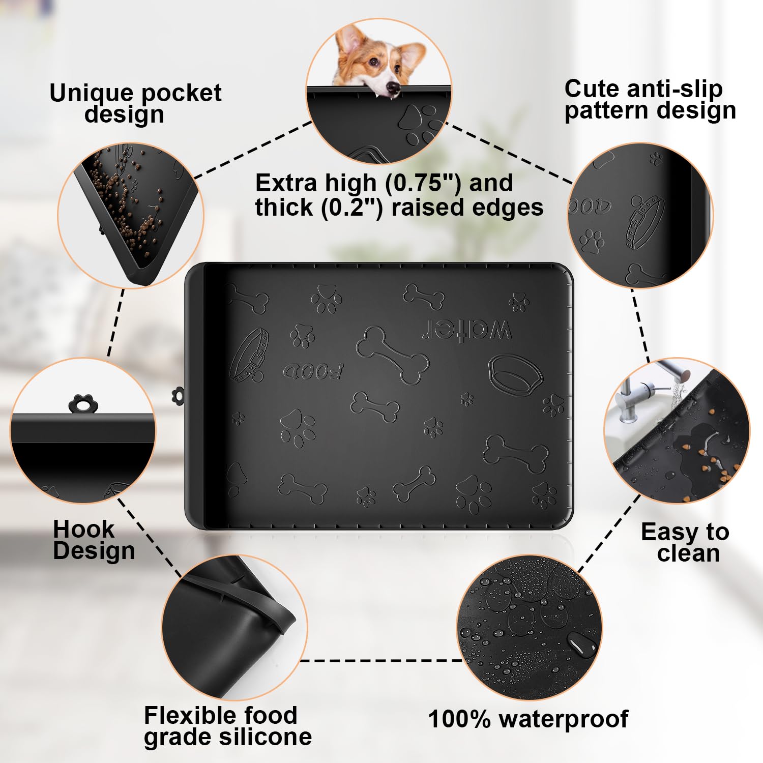 Carry360 dog mat waterproof surface handles water and food splashes.
