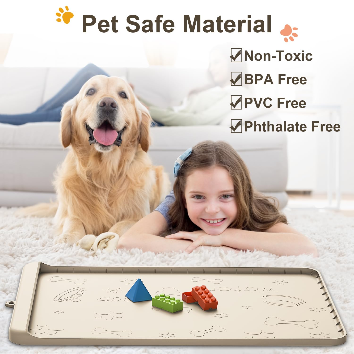 Carry360 silicone dog feeding mat raised edges contain spills and mess.