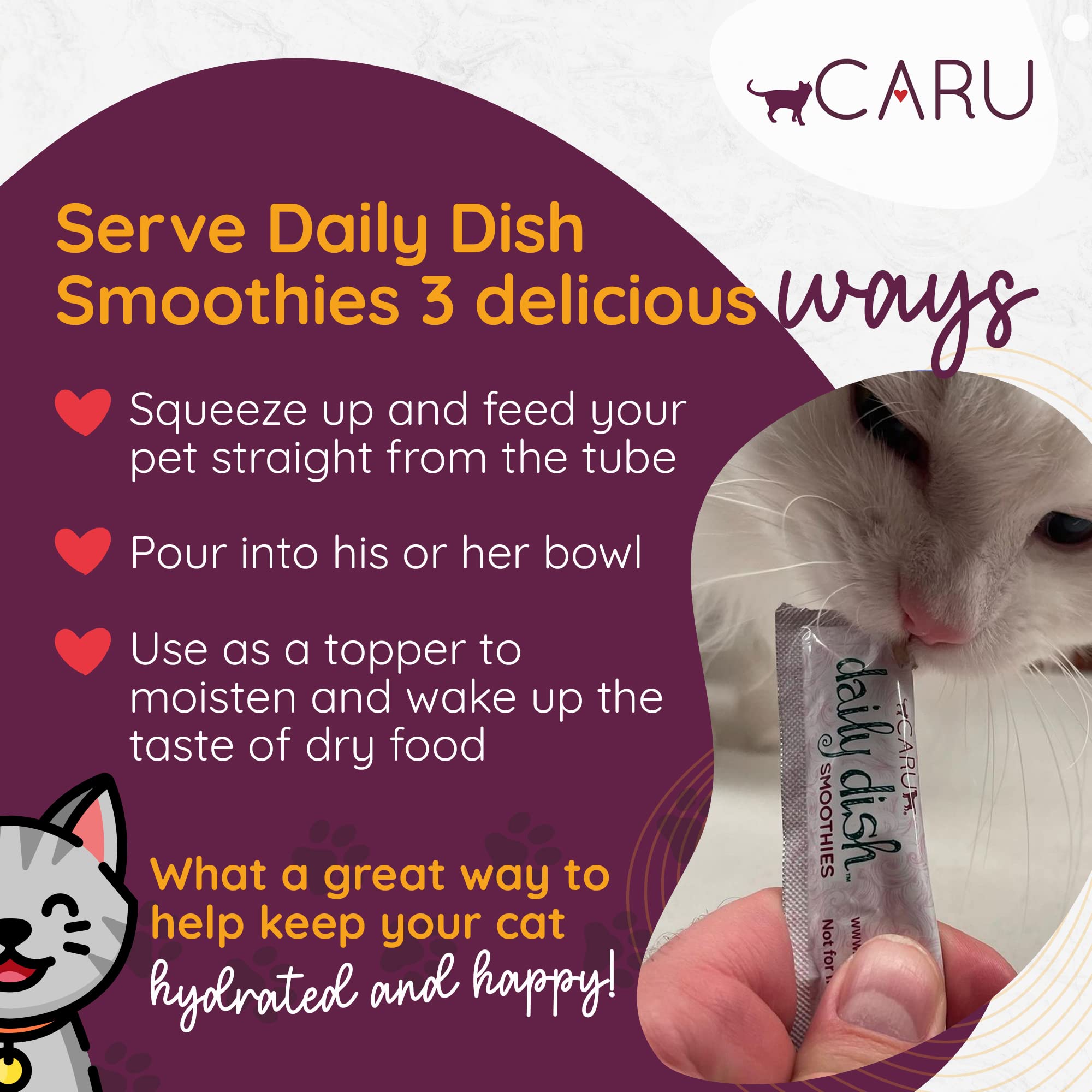 Caru tuna lickable treat close-up shows creamy texture and cat-friendly squeeze packs.