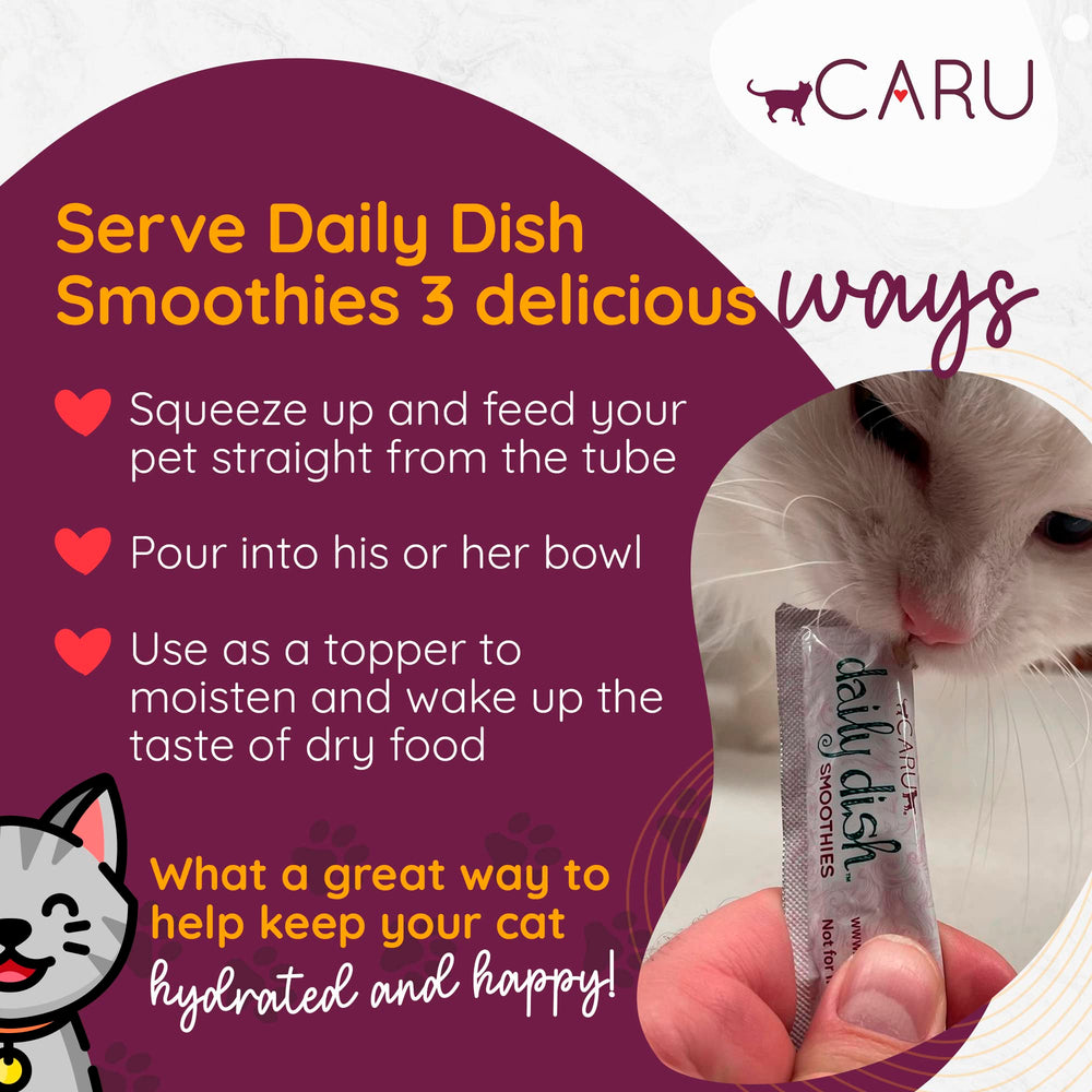 Caru tuna lickable treat close-up shows creamy texture and cat-friendly squeeze packs.