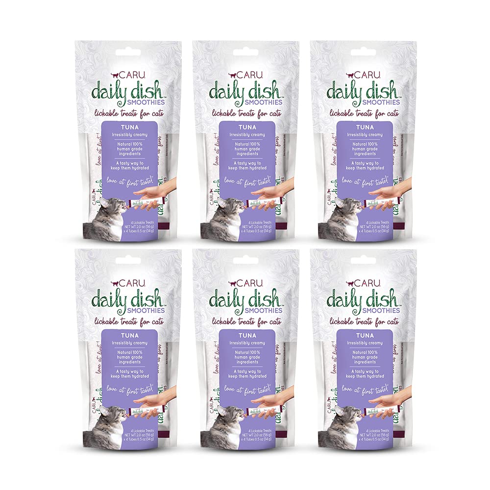 Caru Daily Dish Smoothies tuna lickable squeeze pack front, convenient, mess-free feeding for cats.