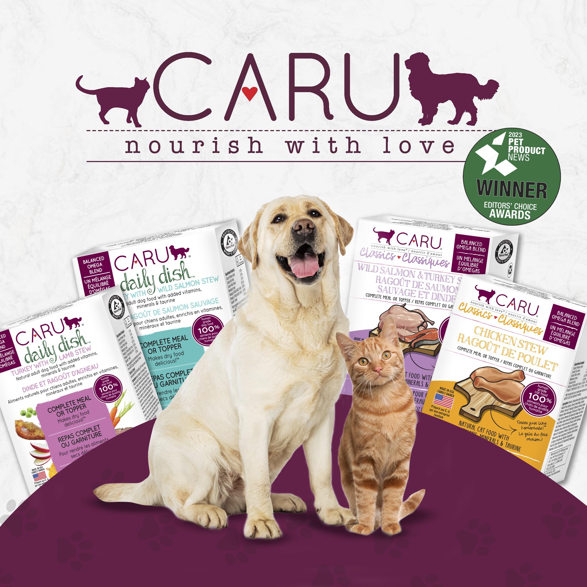 Caru Daily Dish in action as a dog enjoys chunks of turkey and salmon.
