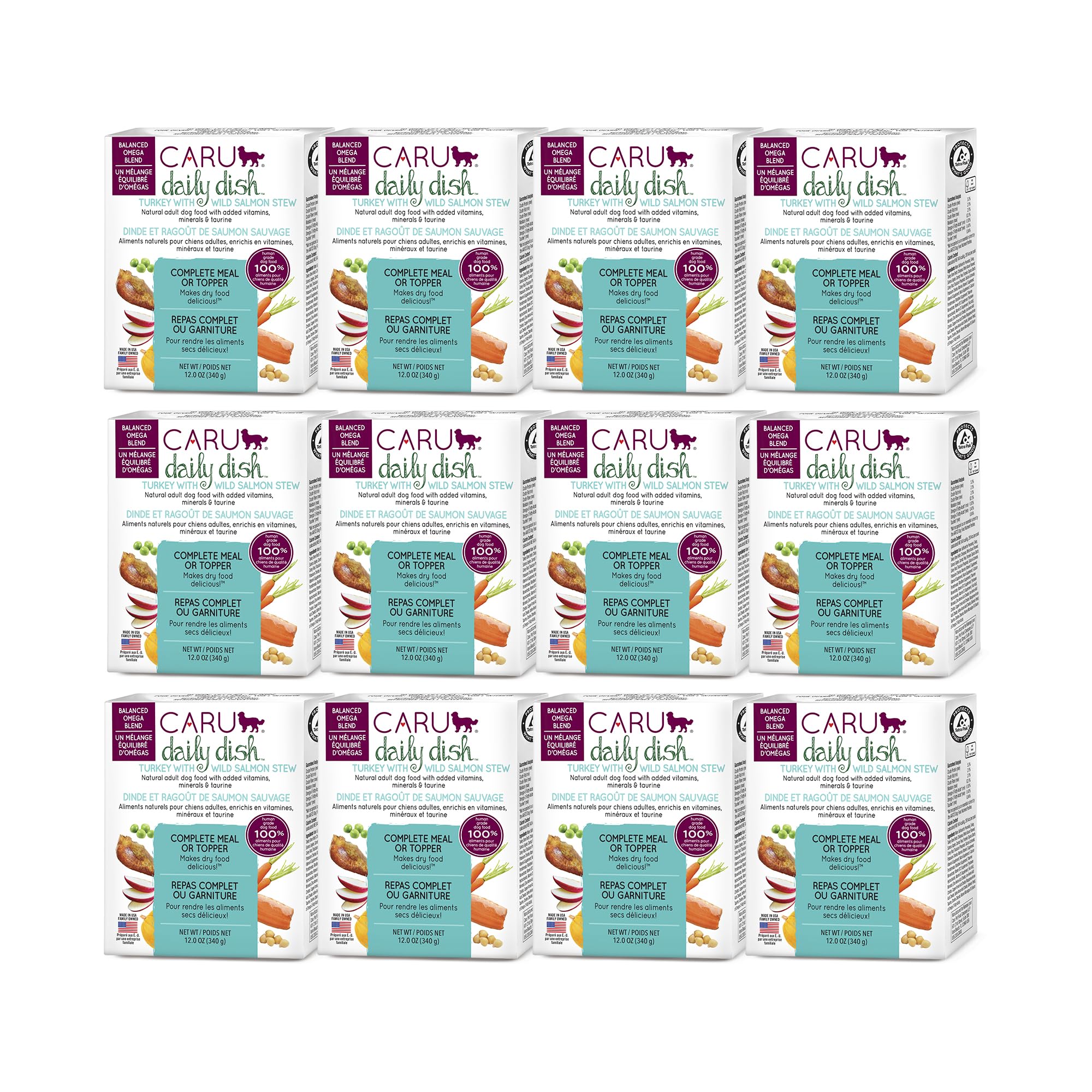 Caru Daily Dish turkey-wild-salmon-stew 12-pack packaging for easy portioning and travel-friendly meals.