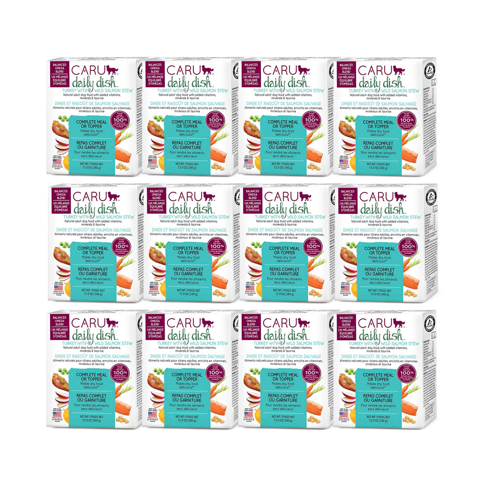 Caru Daily Dish turkey-wild-salmon-stew 12-pack packaging for easy portioning and travel-friendly meals.