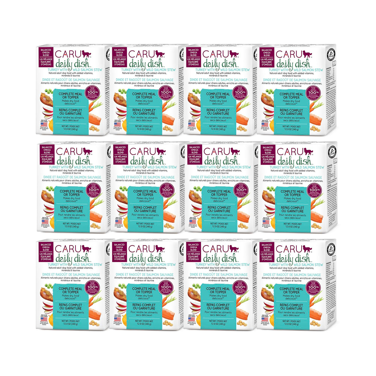 Caru Daily Dish turkey-wild-salmon-stew 12-pack packaging for easy portioning and travel-friendly meals.