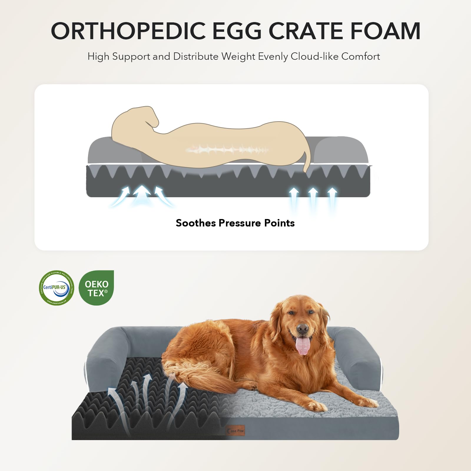 Casa Paw waterproof cover on an XL bed guards against spills, protecting the foam core.