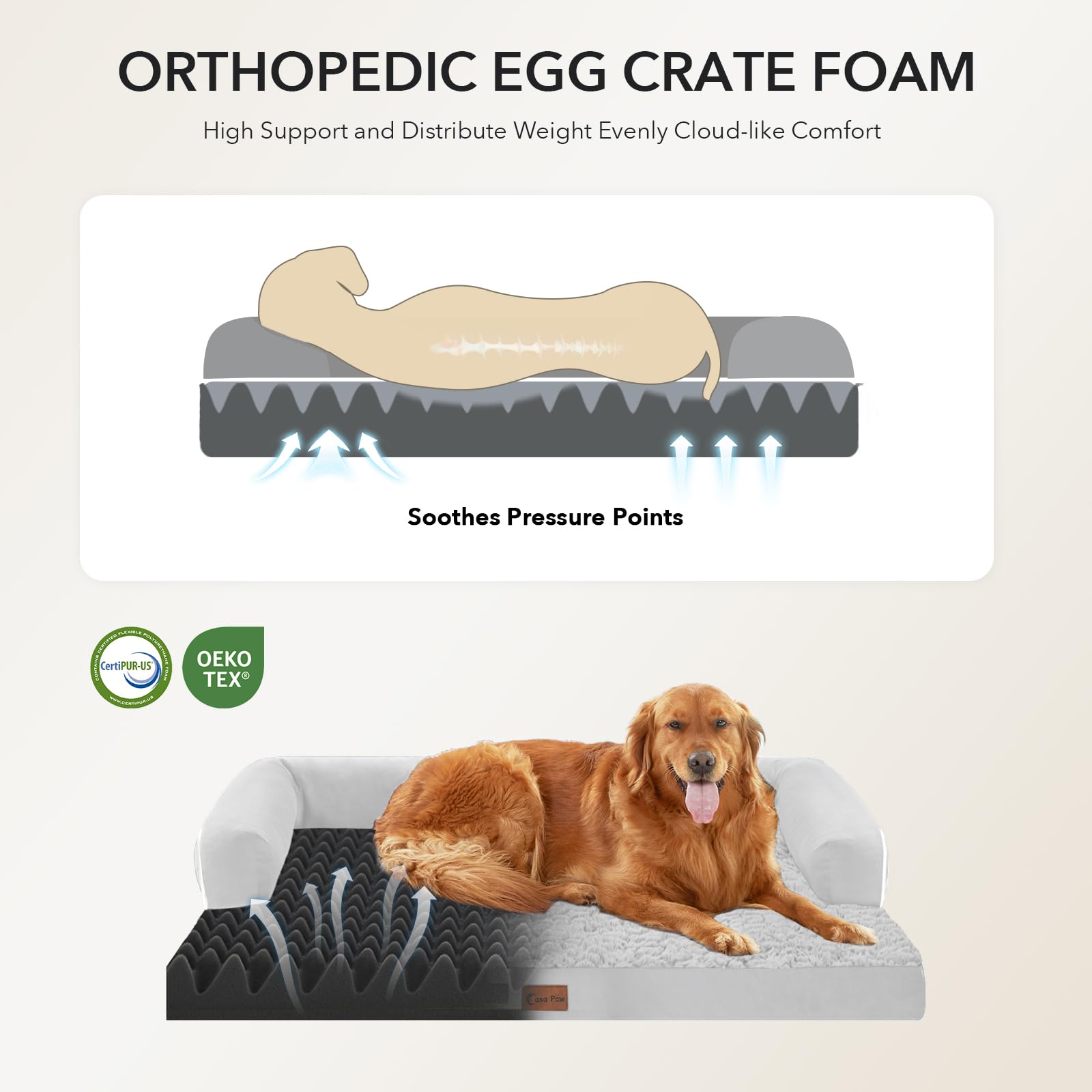 Casa Paw egg-crate foam inside shows layered support for joint-friendly cushioning.
