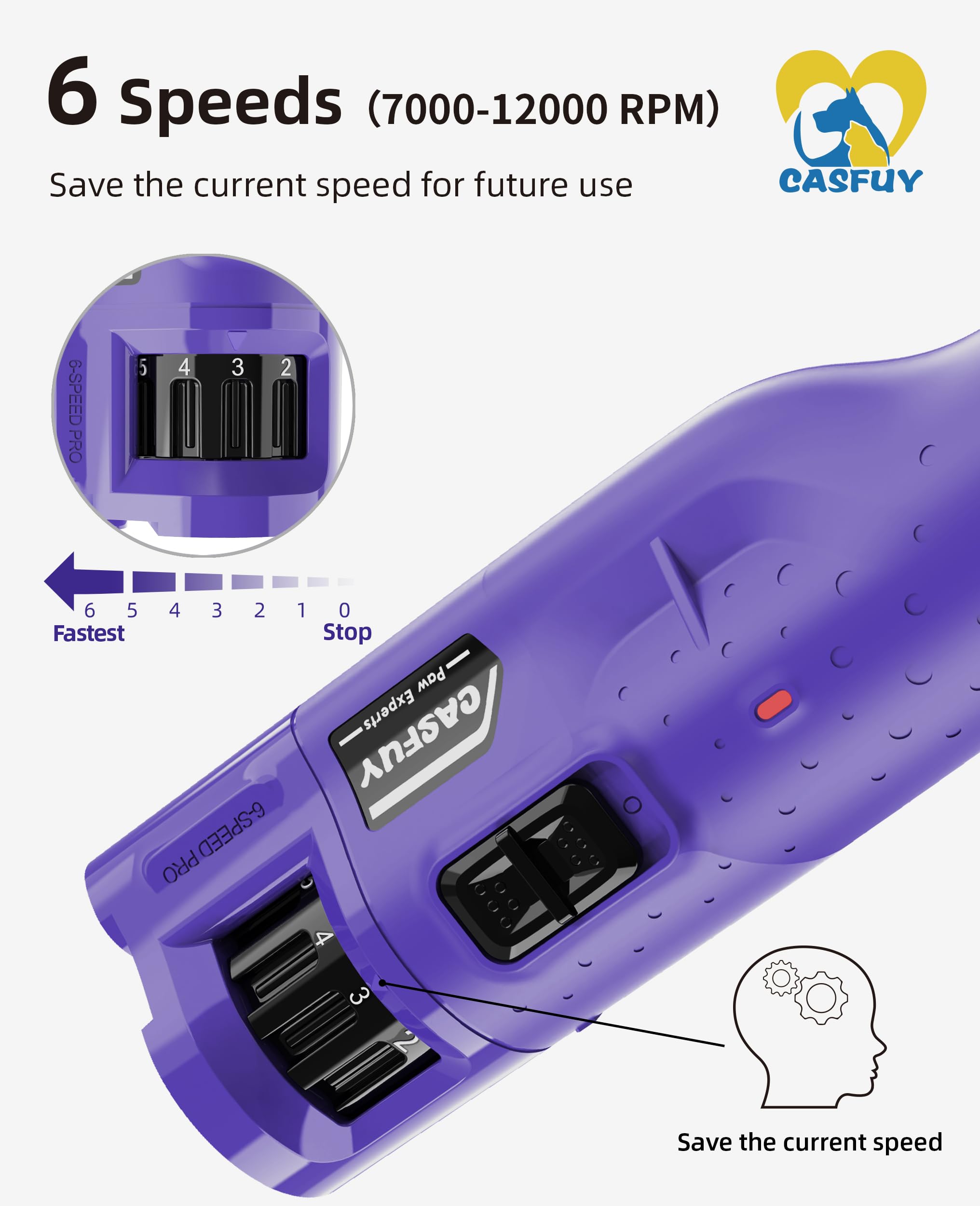 Casfuy 6-speed dog nail grinder control panel highlights adjustable speed for pets of all sizes.