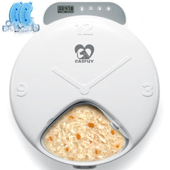 Casfuy battery-operated automatic cat feeder front view for cordless placement flexibility.