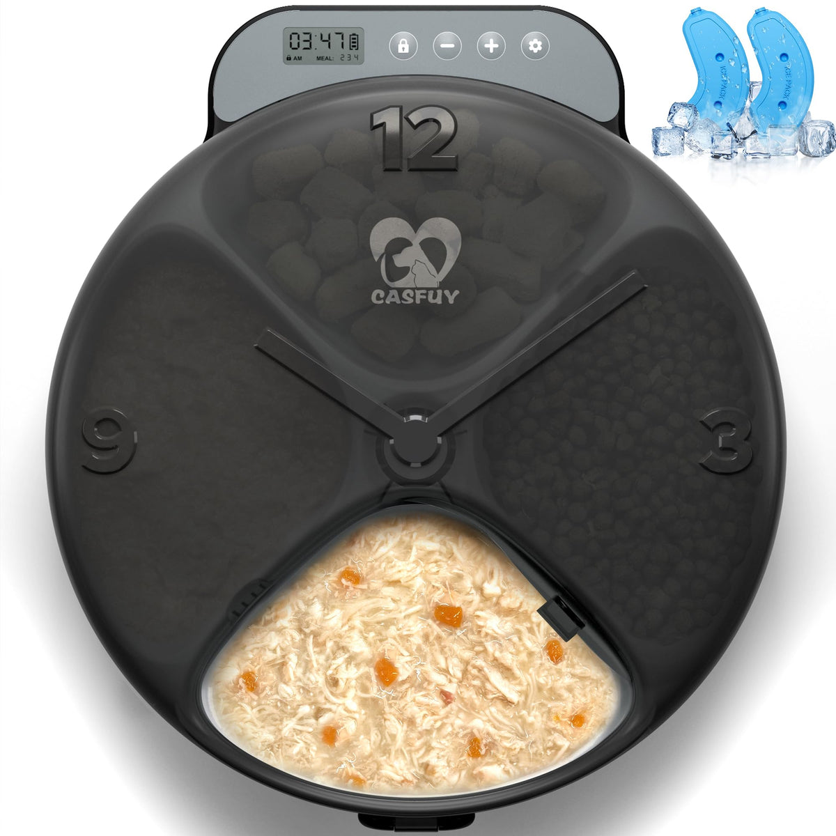 Casfuy battery-operated automatic cat feeder front view for easy at-a-glance scheduling
