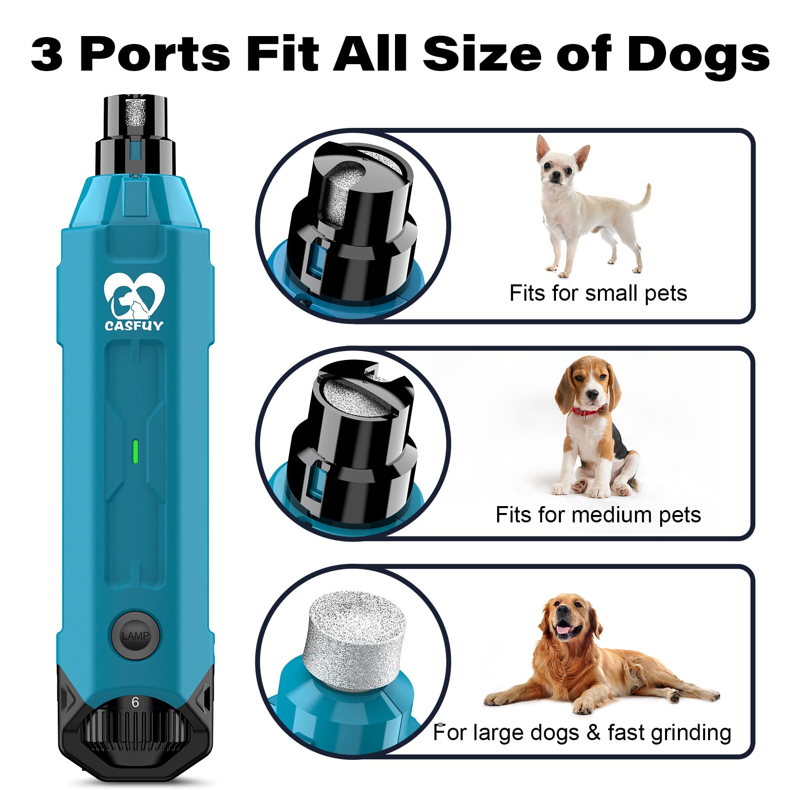 Casfuy bright blue dog nail grinder with ergonomic handle for comfortable use