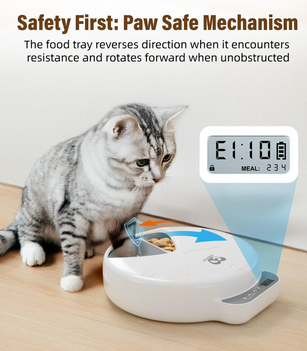 Casfuy feeder lid and beeps image demonstrating secure lid and adjustable alerts.