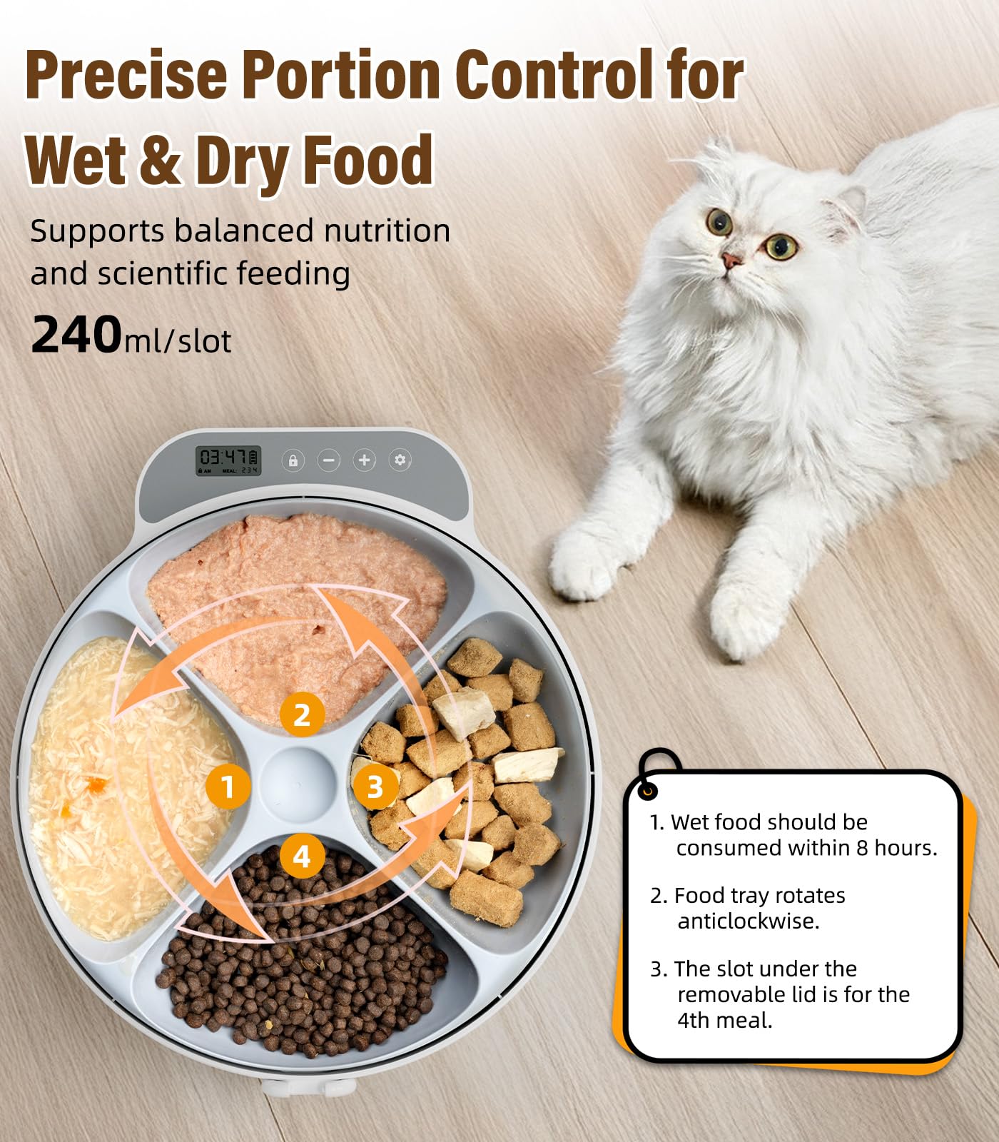 Casfuy feeder meal slots closeup highlighting whisker-friendly portions.
