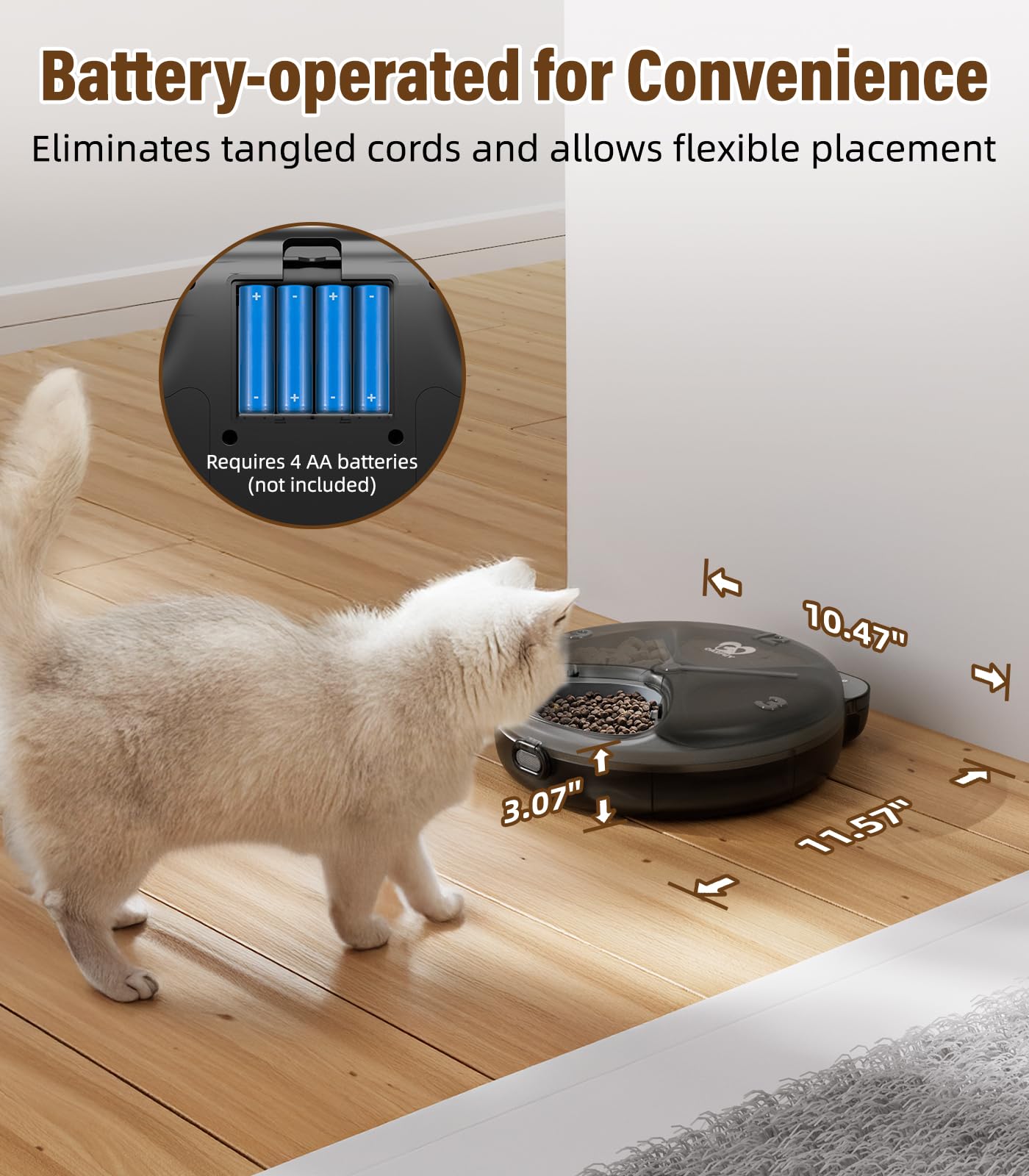 Casfuy cordless feeder highlighting long battery life and flexible placement
