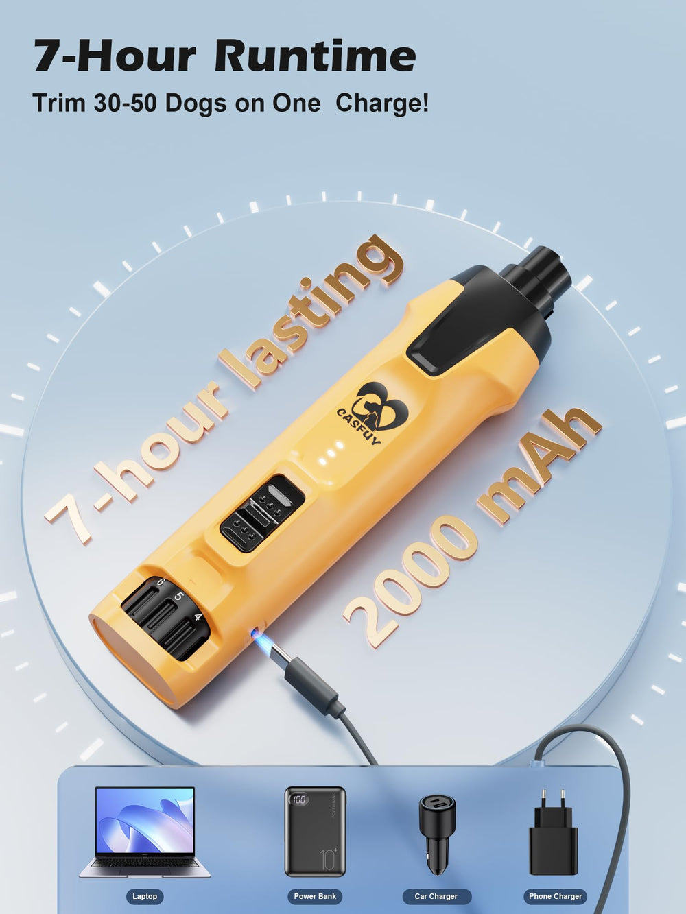 Casfuy 2000mAh battery image demonstrating long runtime for multiple sessions.