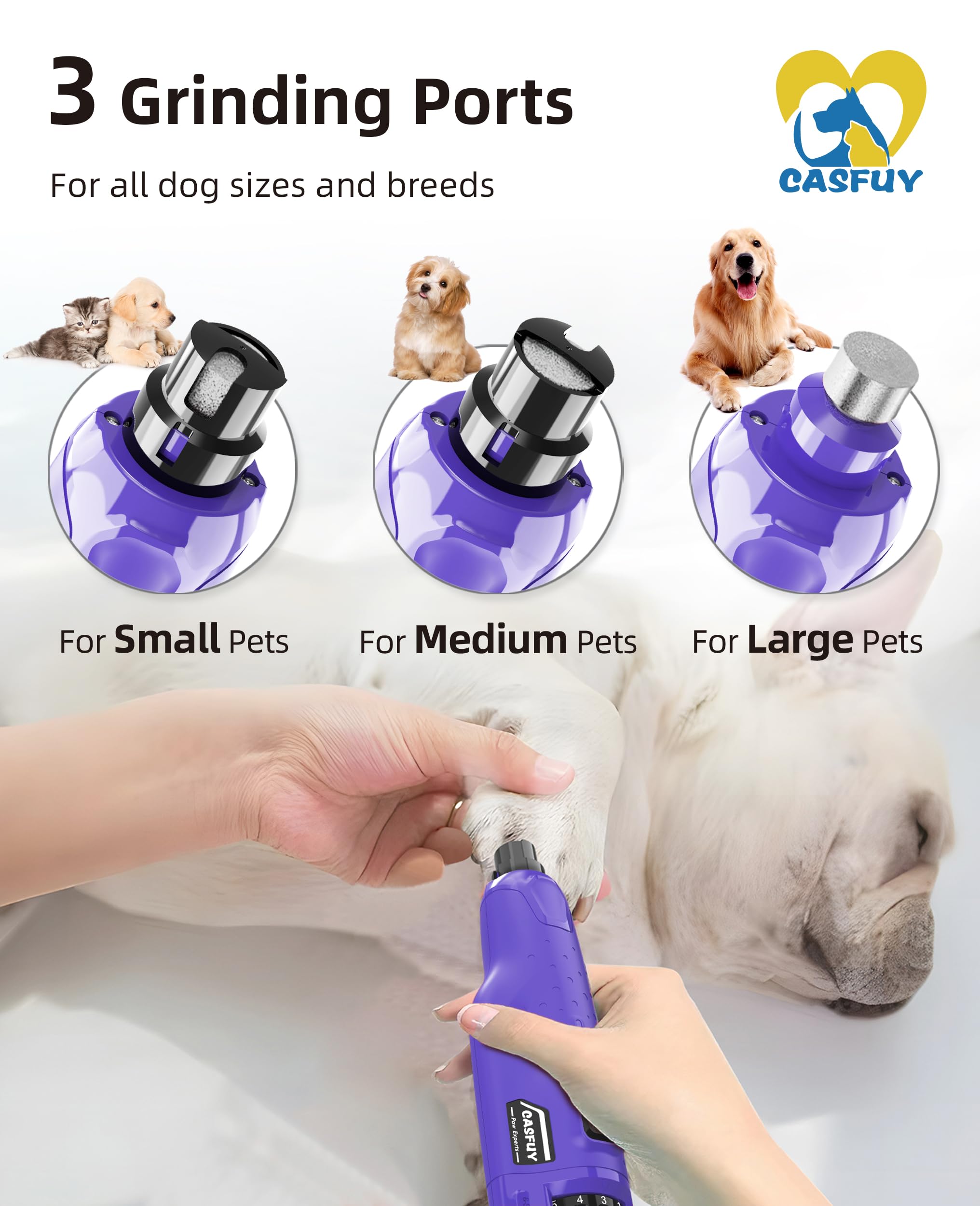 Casfuy dog nail grinder 3 ports demonstrates precision grooming for small, medium, and large nails.