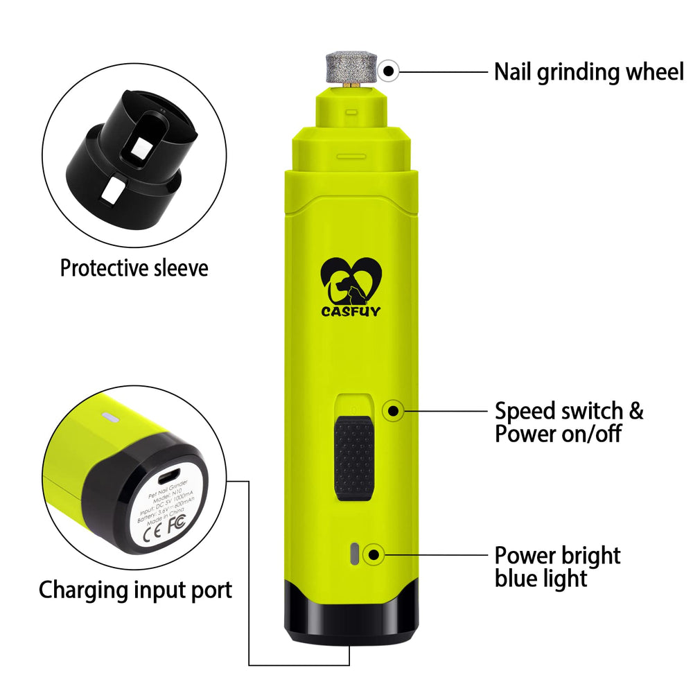 Casfuy dog nail grinder green recharge indicator light signals charging status.