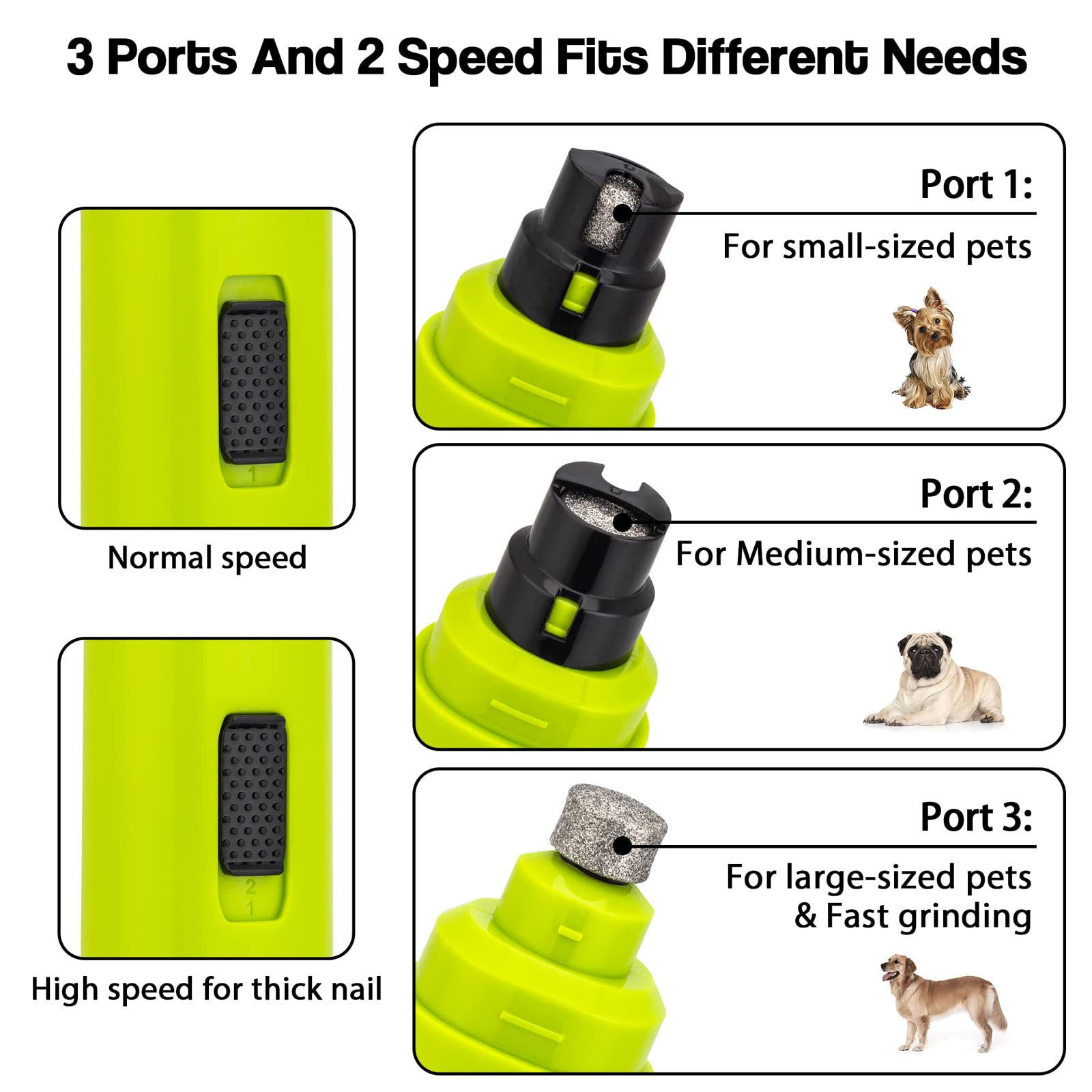 Casfuy dog nail grinder green ports display small, medium, large options.
