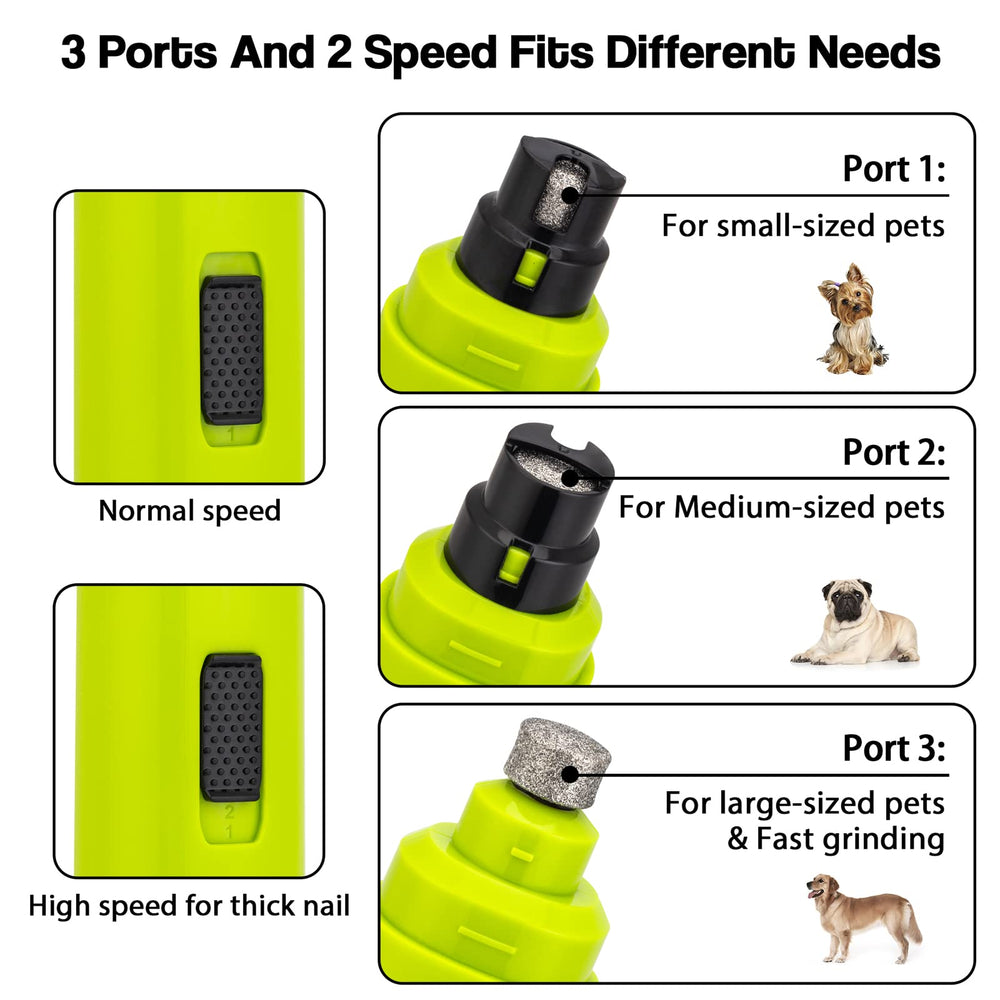Casfuy dog nail grinder green ports display small, medium, large options.