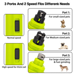 Casfuy dog nail grinder green ports display small, medium, large options.