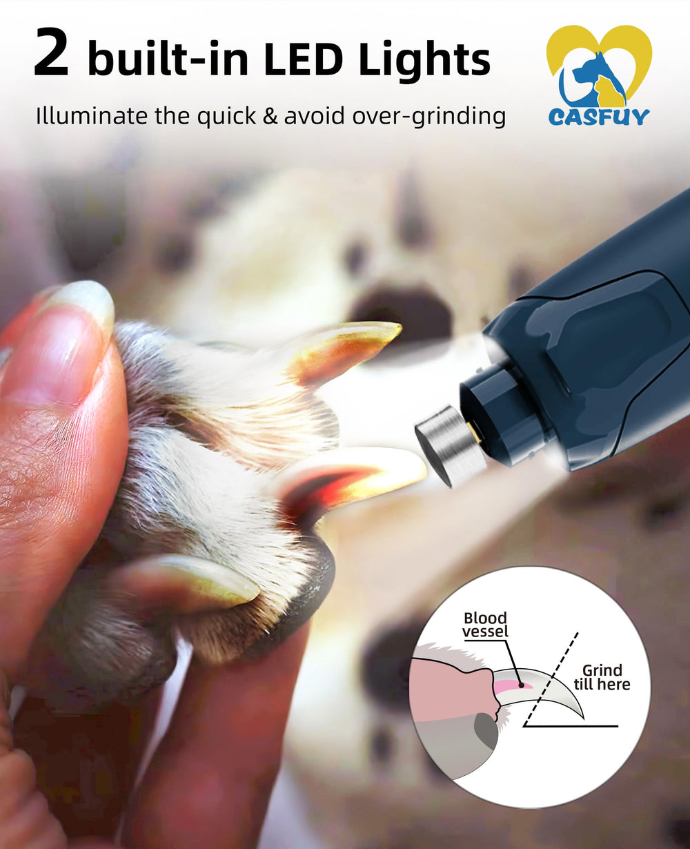 Casfuy dog nail grinder with two LED lights for clear grooming visibility