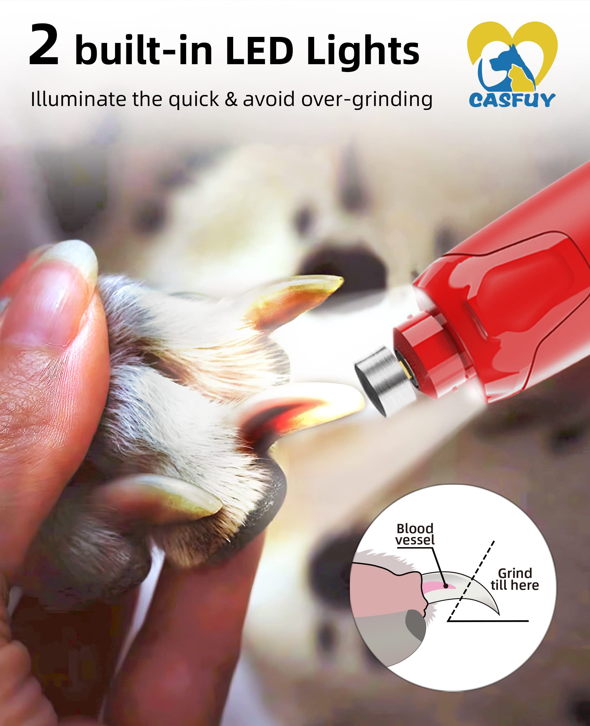 Casfuy dog nail grinder LED-lights illuminate quick trimming areas for accurate cuts