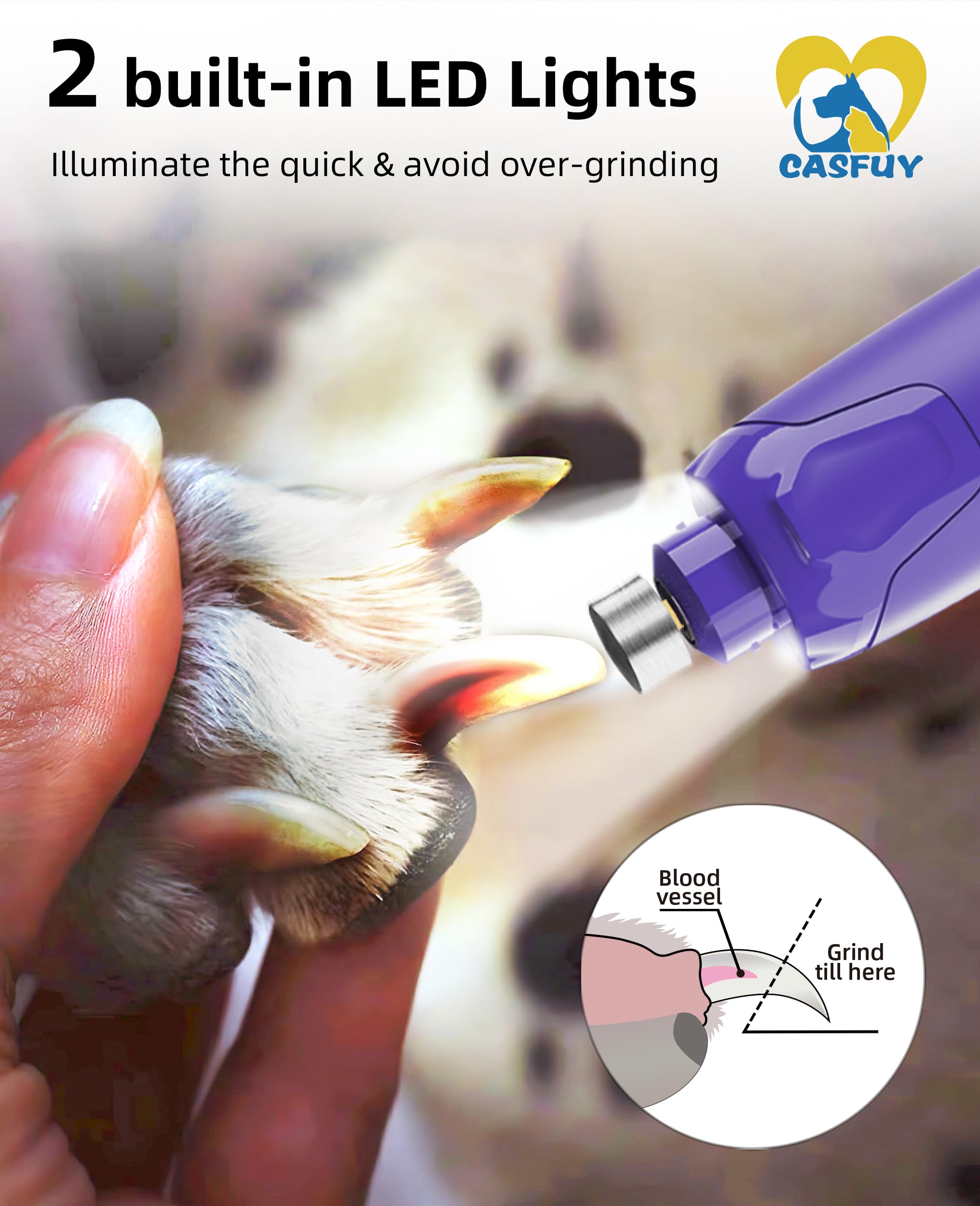 Casfuy dog nail grinder with LED lights illuminates nails for accurate trimming.