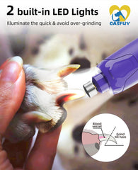 Casfuy dog nail grinder with LED lights illuminates nails for accurate trimming.