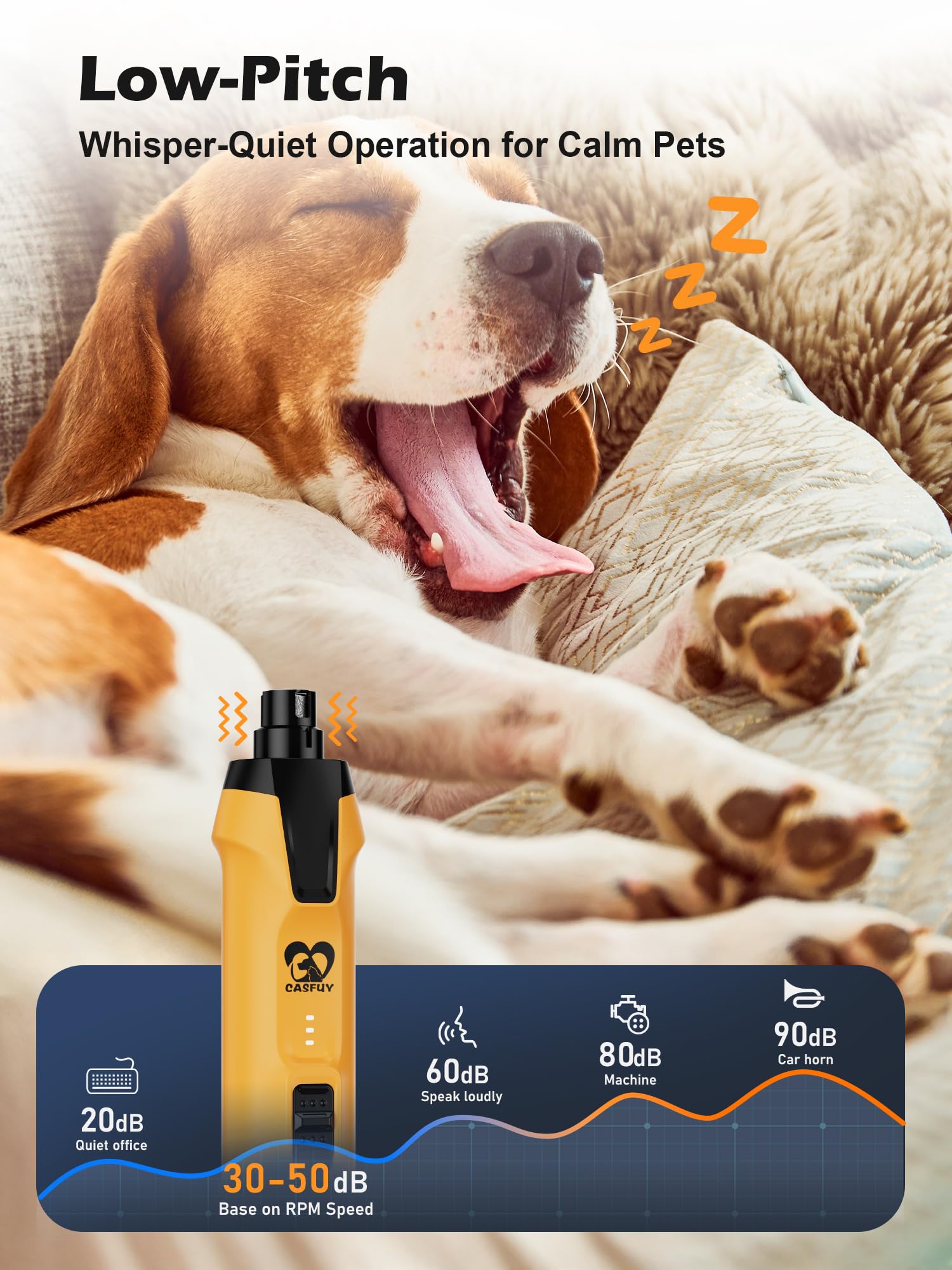 Casfuy whisper-quiet operation image supporting calm pets during trimming.