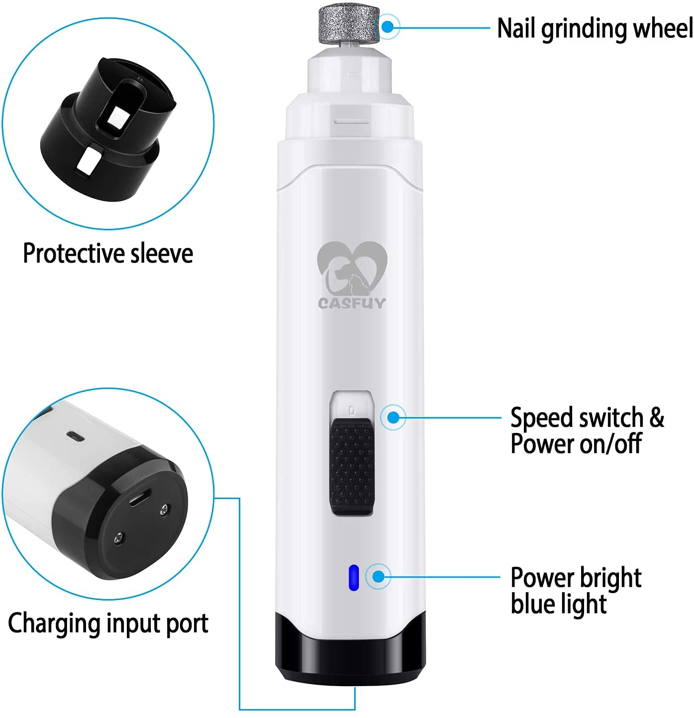 Casfuy dog nail grinder battery indicator shows charging status for convenient cordless use.
