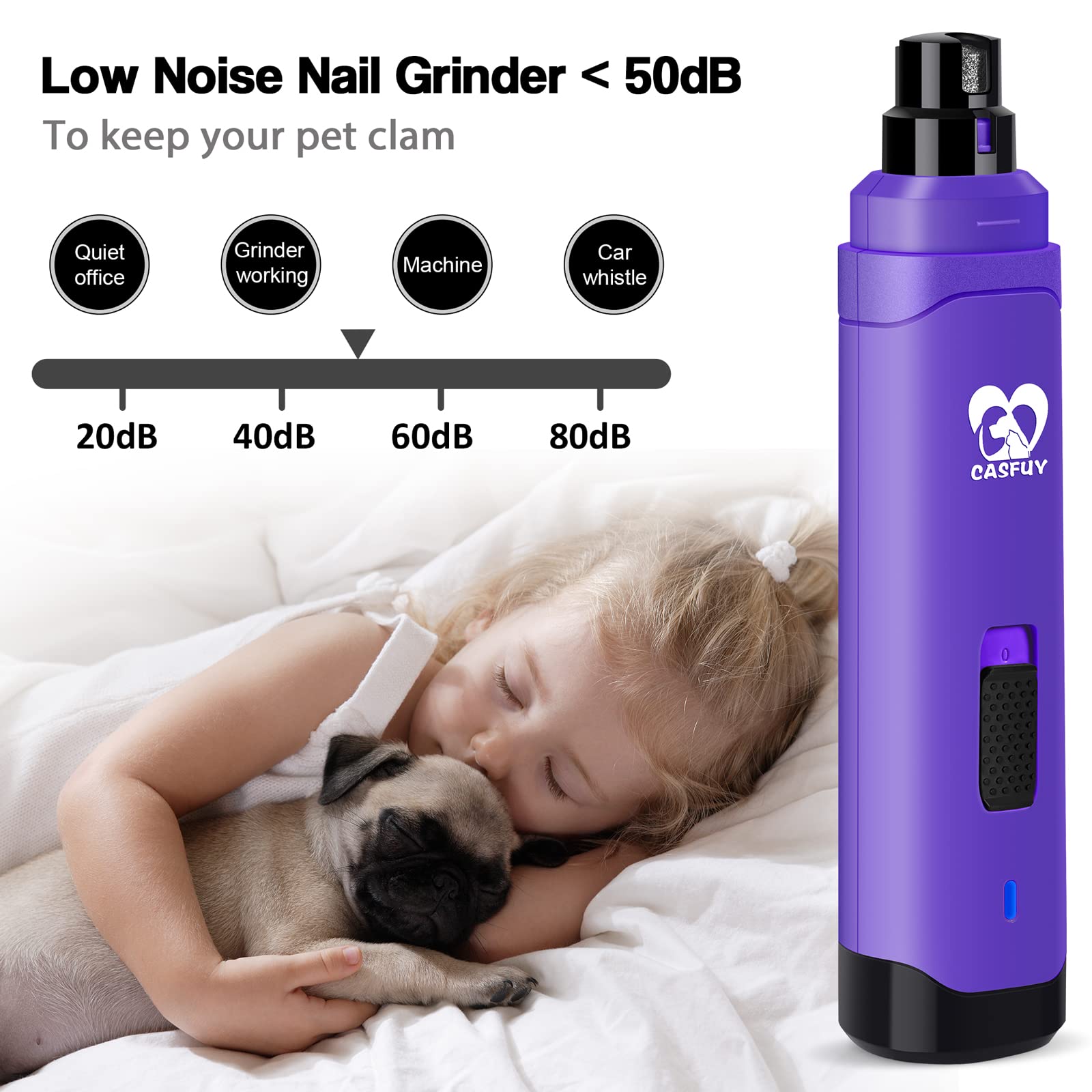 Casfuy upgraded purple low-noise motor reduces pet stress during grooming.